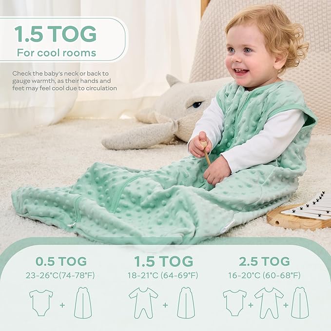 JELLYMONI Fleece Baby Sleep Sack 12-24 Months, 1.5 Tog Warm Winter Baby Wearable Blanket with Plush Dots and 2-Way Zipper, Cotton Toddler Sleep Sack