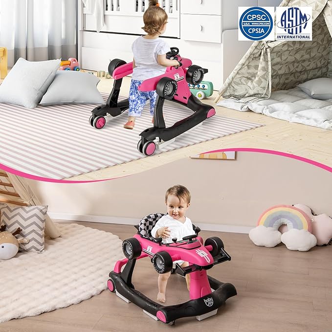 BABY JOY 4-in-1 Baby Walker, Foldable Activity Walker with Adjustable Height & Speed, Music, Lights, Steering Wheel, Comfy Seat Cushion, Activity Baby Push Walker for Boys Girls Aged 6 –18 (Pink)