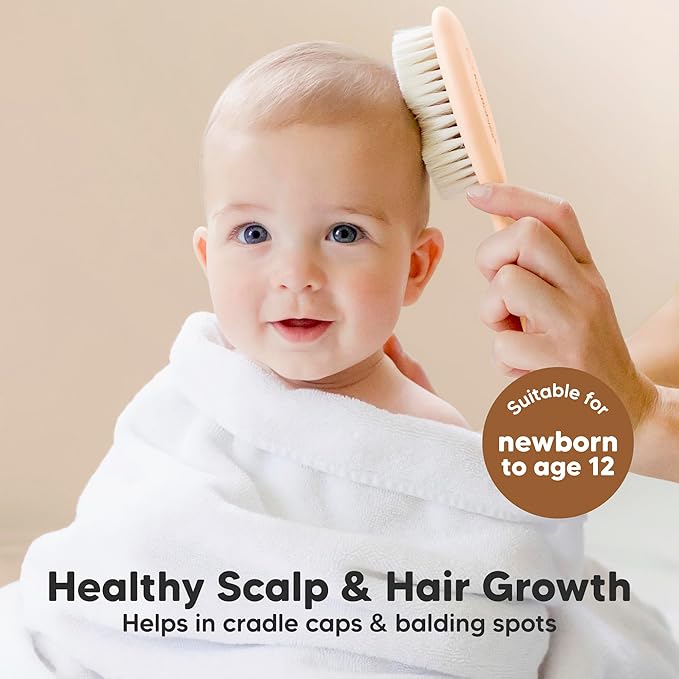 Baby Hair Brush and Comb Set for Newborn - Wooden Baby Hair Brush Set with Soft Goat Bristle, Baby Brush Set for Newborns, Baby Brush and Comb Set Girl, Boy, Toddler Cradle Cap Brush (Oval, Peach)