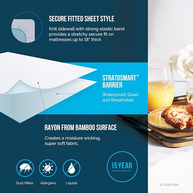 LUCID Premium Rayon from Bamboo Jersey Mattress Protector | California King Size Waterproof Mattress Protector | Ultra Soft, Fitted Sheet Style, White