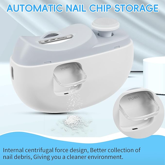Electric Nail Clipper 2 in 1, Baby Nail Trimmer Electric, Baby Automatic Nail File with Polishing, LED Lights, Nail Chip Storage, USB Charging, 2 Speed Levels for Babies and Adults (White)