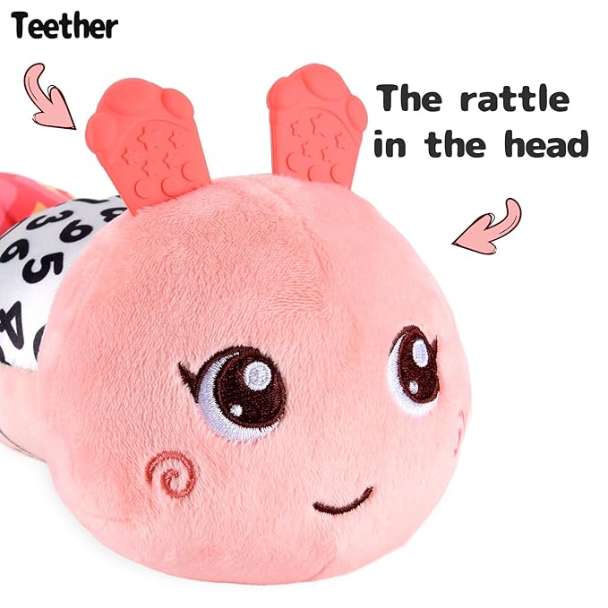 Infant Baby Musical Stuffed Animal Activity Soft Toys with Multi-Sensory Crinkle, Rattle and Textures for 0-3-6-12 Months Developmental Toys, Caterpillar, Pink