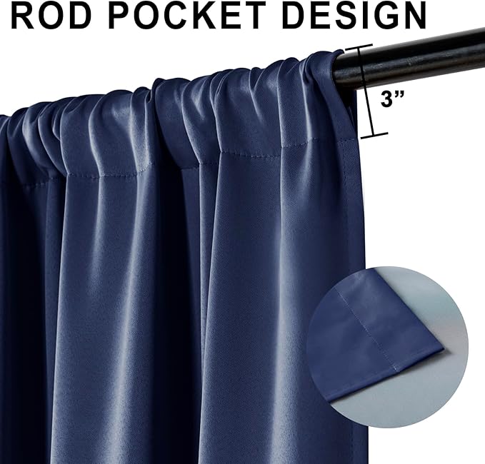 XWZO Full Shading Blackout Curtains 63 Inches Length with Tiebacks- Heat and Light Blocking Rod Pocket Window Drapes with Black Liner Backing for Bedroom/Living Room, Navy Blue, W60 x L63, Set of 2