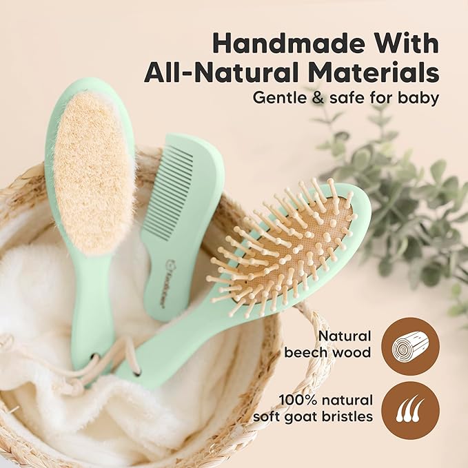 Baby Hair Brush and Comb Set for Newborn - Wooden Baby Hair Brush Set with Soft Goat Bristle, Baby Brush Set for Newborns, Baby Brush and Comb Set Girl, Boy, Toddler Cradle Cap Brush (Oval, Sage)