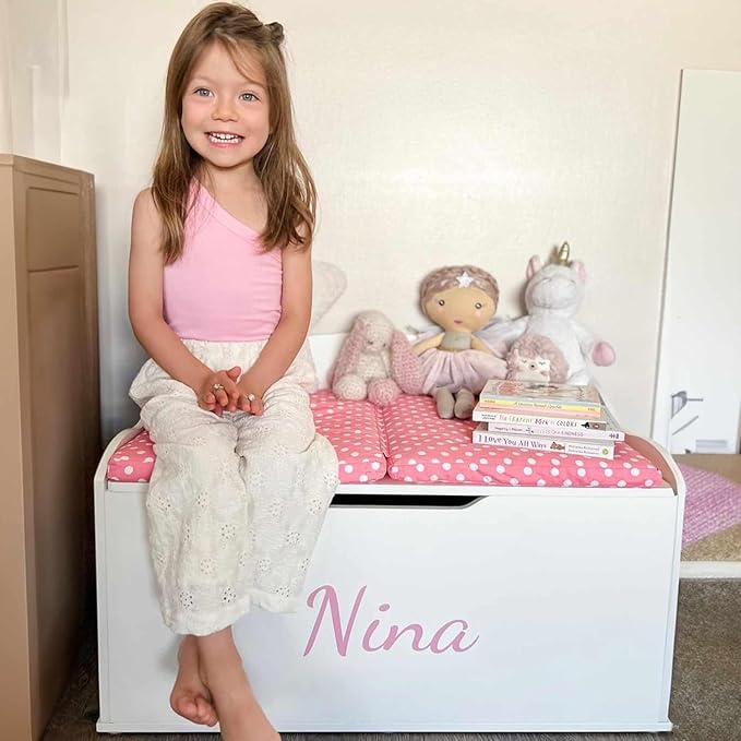 DIBSIES Personalized Creative Wonders Toy Box, Signature Series for Girls, 30 x 19.25 x 18 inches, Soft-Close Lid (White)