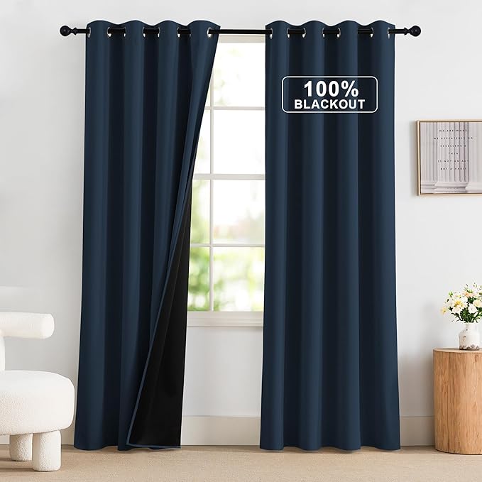 NICETOWN 100% Blackout Curtains 84 Inch Length 2 Panels Set, Thermal Insulated Long Curtains & Drapes, Room Darkening Grommet Drapes for Living Room Bedroom Window (W52 x L84 Inch, Navy)