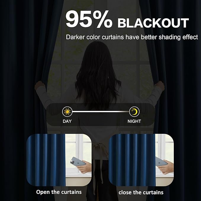 Pinch Pleated Curtains 63 Inches Long 2 Panels Set, Thermal Insulated Blackout Room Darkening Curtain for Bedroom,Window Draperies with Hooks(Navy Blue,80x63-inch)