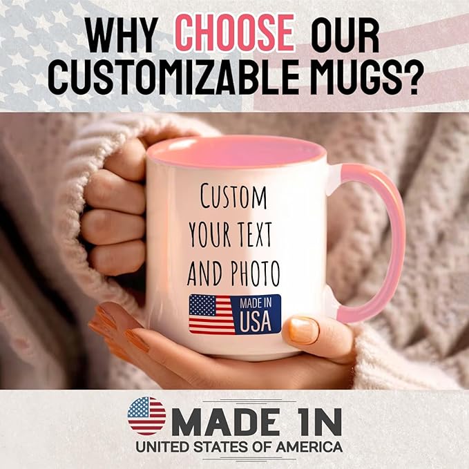 Ship Next Day Custom Mug Design Your Own Photo Text Personalized Picture Gifts for Women Men Customized Gift Idea Personalized Coffee Mugs 11oz Pink Handle