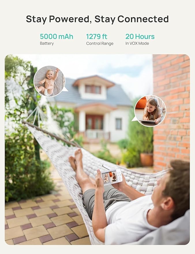 VistaView Smart WiFi Baby Monitor with 2 Cameras- 5” 1080P Split Screen & 2K Camera App Control, Cry & Motion Alerts, Night Vision, 5000mAh Battery, 2-Way Talk, Triple Security, 1279ft Range