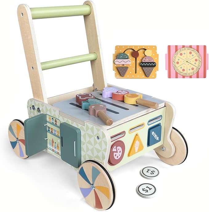 Wooden Push Walker for Babies with Wheels 12 Months+ Wooden Baby Walker Activity Walker for Babies Montessori Multiple Learning Activities Center Walking Toy Adjustable Speed Birthday Gift