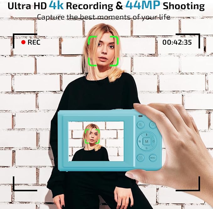 Upgrade Digital Camera, FHD 4K 44MP Autofocus Digital Point and Shoot YouTube Camera with 16X Zoom, 32GB SD Card, Compact Digital Camera Cheap for Teens Boys Girls Kids Blue Camera