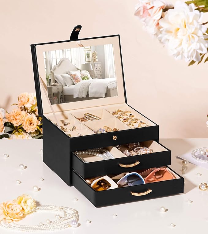 Black Jewelry Box Organizer: Home Decor for Women - 2-Drawer Holder for Valentine’s Day Birthday Christmas Black Grey-Purple