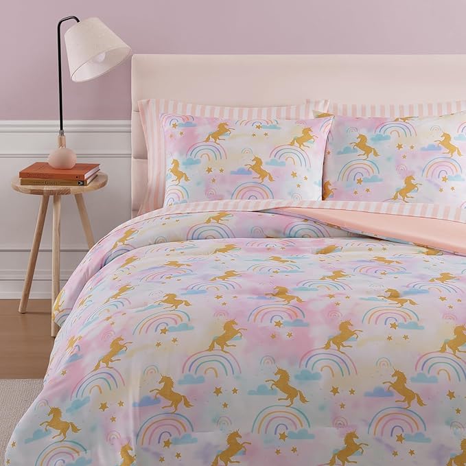 Full Size Comforter Sets with Sheets for Girls-7 Pieces Full Size Bedding Sets with Pink Comforter, Sheets, Pillowcases & Shams for Kids (Gold Unicorn, 76" X 86")