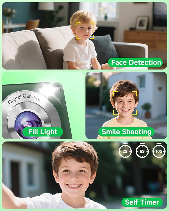 Digital Camera, 44MP FHD 1080P, 16X Zoom, 32GB SD Card, Compact Camera for Kids Teens Adults, Green