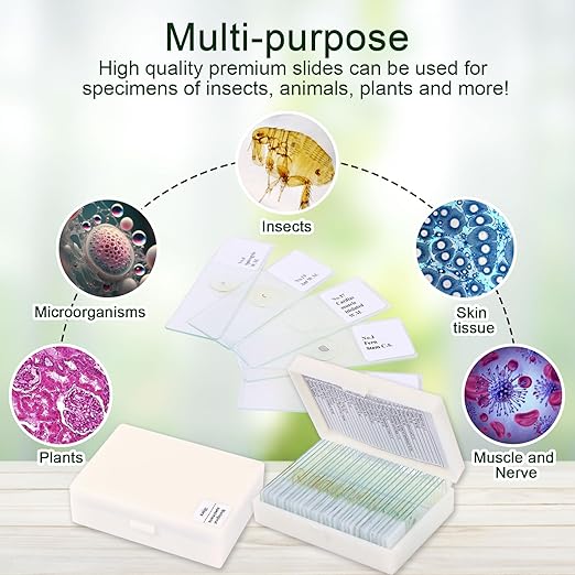 120 Microscope Slides with Specimens, Plant, Insect, Animal, Algae Slide Set for Biological Science Laboratory Basic Biological Science Education