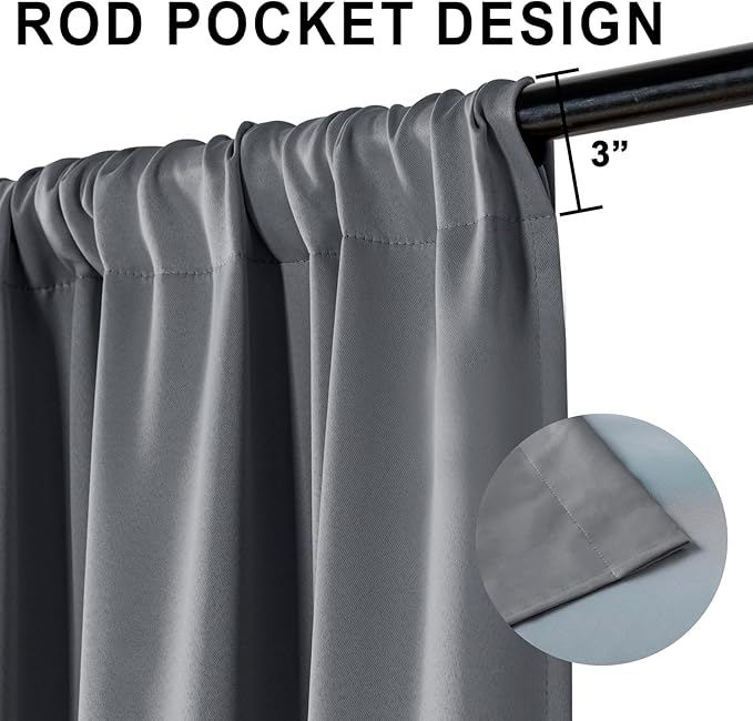 XWZO Extra Wide Full Blackout Curtain - Rod Pocket Thermal Insulated Black Liner, Noise Reducing and Heat Blocking Drapes for Hall and Studio Windows with Tiebacks, Dark Grey, W60 x L63, Set of 2