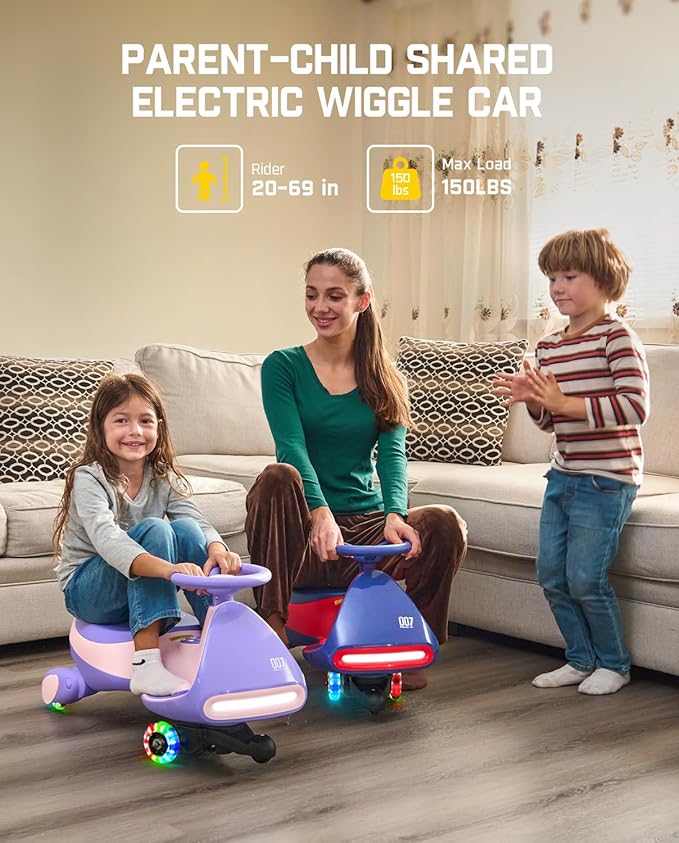 FanttikRide 6V N7 Classic Electric Wiggle Car with Pedal, Rechargeable Battery, Ride on Toys, Swing Car, 2 Speeds, Anti-Rollover, Flashing Light Wheels, Bluetooth, for Ages 3 and Up, 150 Lbs, Blue