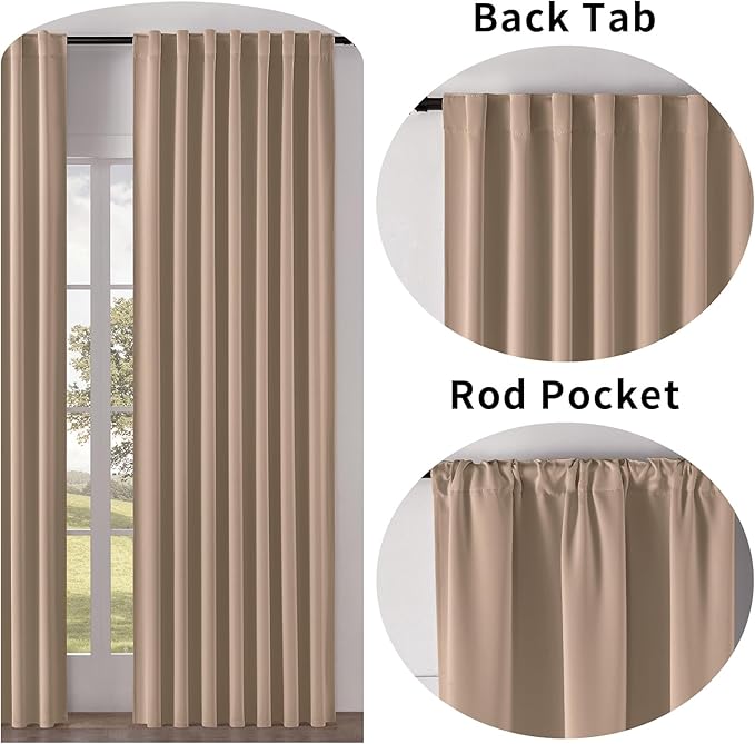 Joydeco 72 Inch Blackout Curtains for Bedroom, Thermal Insulated Black Out Curtains, Room Darkening Drapes for Living Room Window Rod Pocket Back Tab (W52 x L72 Inch, Khaki)