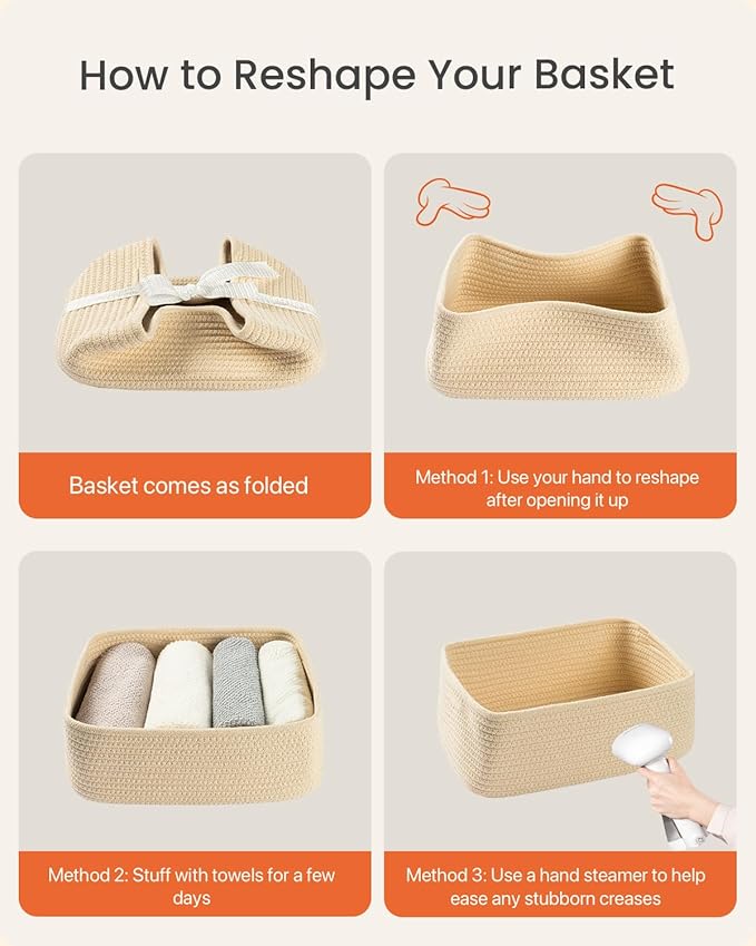 KALLAX Small Woven Basket, 12 x 8 x 4.5 Inches, Storage Basket for Organizing, Cute Small Rope Shelf Closet Cube Storage Bins Baskets for Shelves, Dog Toy Gift Baskets Empty, 3 Packs, Beige