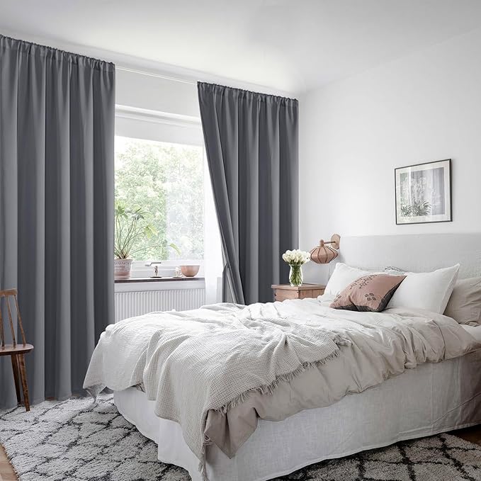 XWZO 100% Blackout Curtain Panels - Extra Long Rod Pocket Thermal Insulated Black Liner Curtains, Noise Reducing and Heat Blocking Drapes for Bedroom with Tiebacks, Dark Grey, W52 x L108, Set of 2