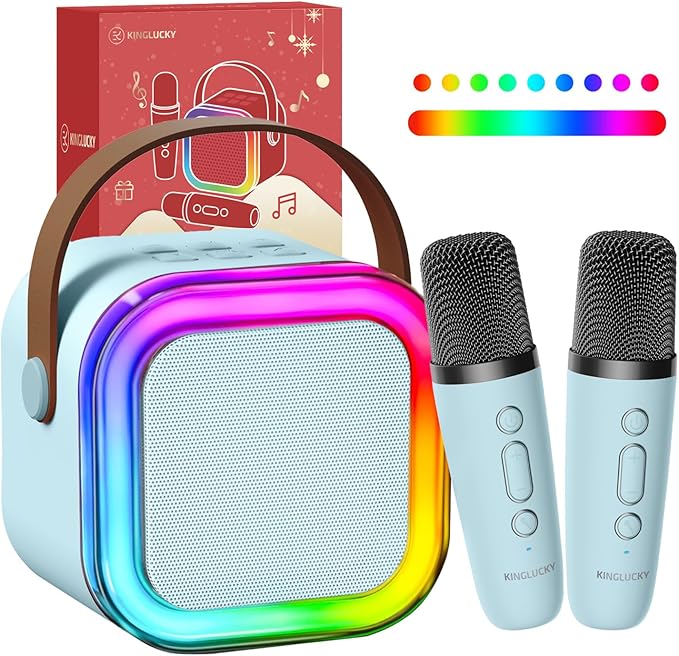 Kinglucky Mini Karaoke Machine for Kids, 2025 TOP Birthday Gifts Ideas for 3-12 Year Old Girls, Christmas Party Gifts Kids' Personal Video Players Accessories with 2 Wireless Microphones - Blue