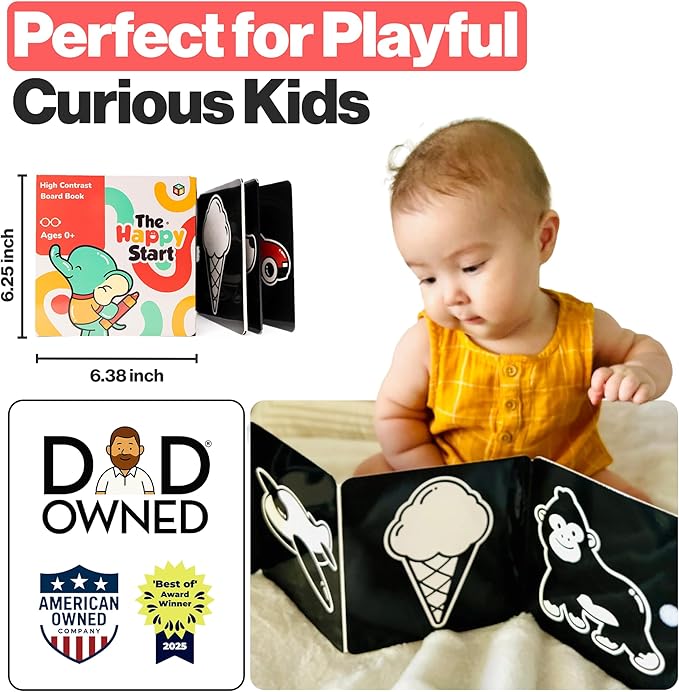 Happy Start Award-Winning High Contrast Board Book - Newborn Black & White Baby Cards, Easy to Clean, Hospital Approved, Stands on Its Own, Tummy Time Toy, Ages 0+ (English - Pack of 3)