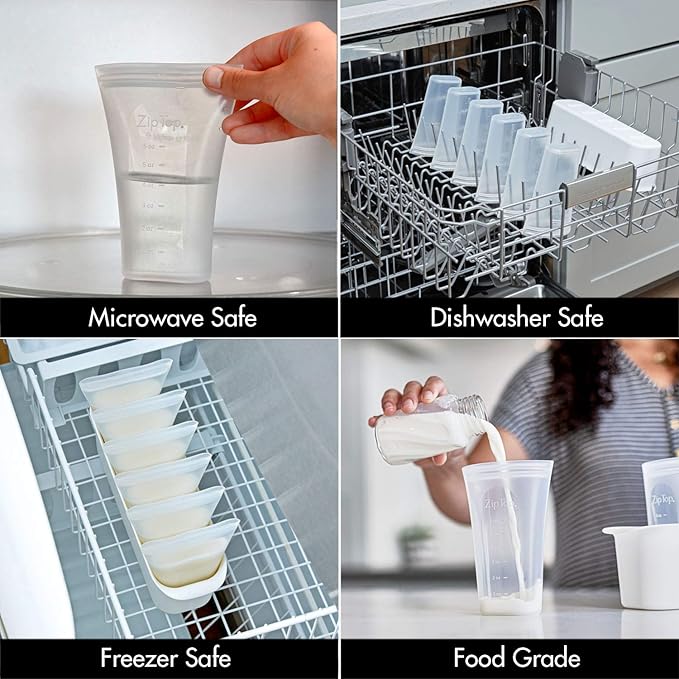 Zip Top Reusable 100% Platinum Silicone Breast Milk Storage, Made in the USA - Bag Set of 6 + Freezer Tray