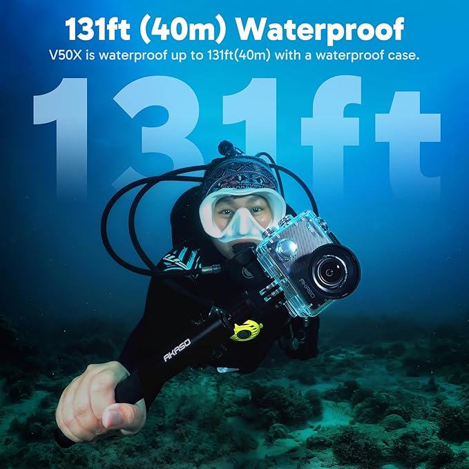 AKASO V50X Native 4K30fps WiFi Action Camera with EIS Touch Screen 4X Zoom 131 feet Waterproof Camera Support External Mic Remote Control (with Floating Hand Grip and Carry Bag)