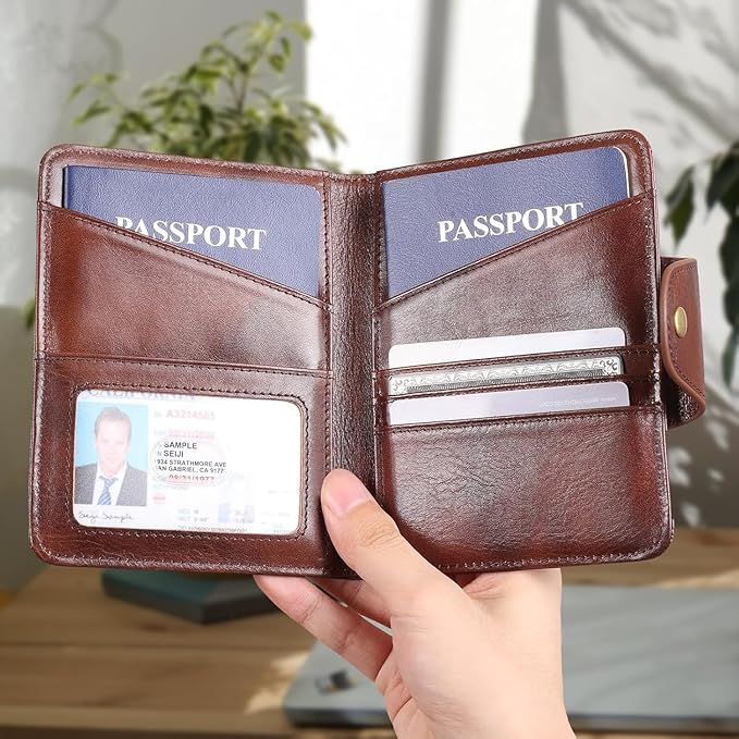 Real Leather Wallet Functional RFID Bifold Passport Holder Travel (Coffee)