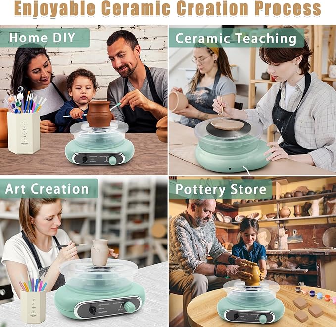 Hitish Mini Pottery Wheel, 4.7" Pottery Wheel for Kids Teens & Adults Beginners, Plug-in Motor, 1.32Lb Air Dry Clay, Crafts Kit for Home DIY, Ceramic Work & Art Creation, Clay Tools Included