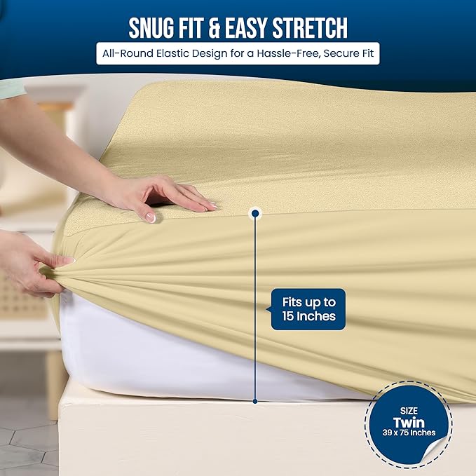 Utopia Bedding Waterproof Mattress Protector Twin Size, Premium Terry Mattress Cover 200 GSM, Breathable, Fitted Style with Stretchable Pockets (Beige)