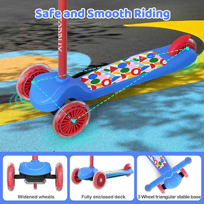 TONBUX Kids Scooter for Ages 3-5, Toddler Scooter with Light-Up Deck and Wheels, Adjustable 4-Level Height 3-Wheel Scooter for Kids, Lean-to-Steer Design