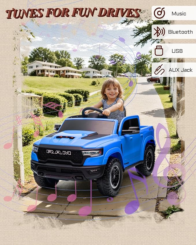 12V Kids Electric Vehicles, Licensed Ram 1500 RHO Kids Ride on Truck with Remote Control, Ride on Car for Children with Smooth Start, Truck Bed Storage, Bluetooth, Aux Port (Blue)