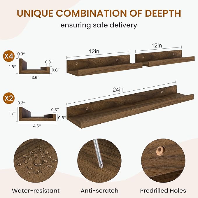 Axeman Picture Ledge Shelf, Floating Shelves for Wall Decor Storage Set of 6, 24 inch Floating Wall Mounted Shelves, Wall Shelves with Lip for Living Room, Bedroom, Nursery, Bathroom, Kitchen, Walnut
