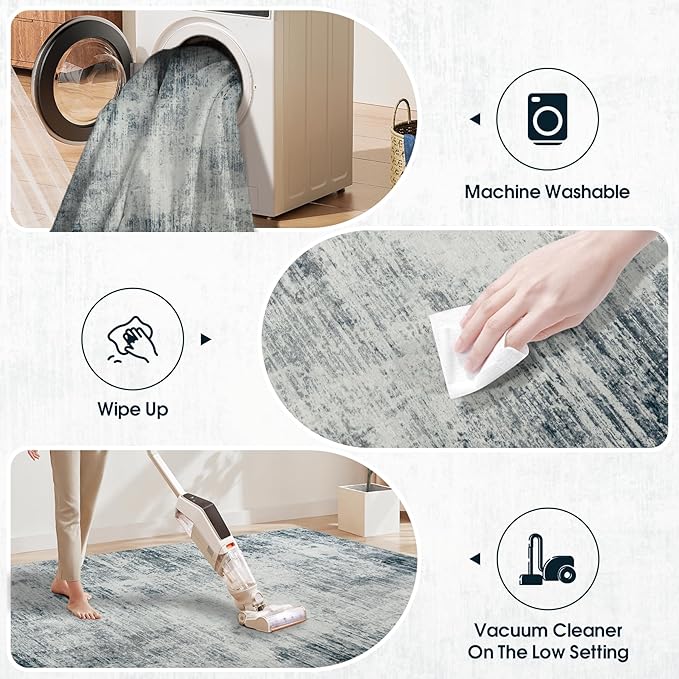Area Rugs 8x10 Living Room Rugs: Modern Abstract Washable Rug with with Non-Slip Backing, Stain Resistant Indoor Floor Large Carpet for Bedroom Dining Room Table Nursery Hallway Home Office-Blue/Ivory