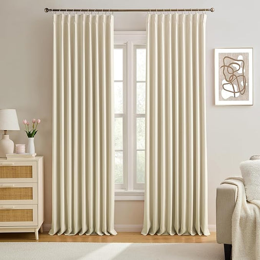 KEQIAOSUOCAI Pleated Blackout Curtains 95 inch Length - Solid Memory Pleated Drapes Light Reducing Ceiling Floor Panels for Living Room Bedroom Window (Cream Beige, 2 Panels,60 by 95)