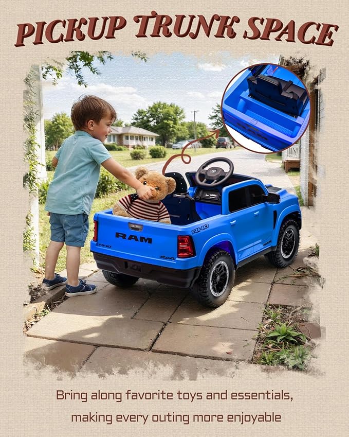 12V Kids Electric Vehicles, Licensed Ram 1500 RHO Kids Ride on Truck with Remote Control, Ride on Car for Children with Smooth Start, Truck Bed Storage, Bluetooth, Aux Port (Blue)