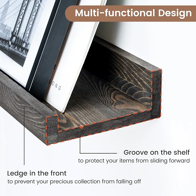 48 Inch Long Floating Shelves for Wall, Solid Pine Wood Picture Ledge Shelves with Lips, Nursery Book Shelves for Toys Storage Living Room Bedroom Photo Frames (2 Pcs, Grey)