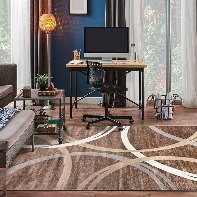 Rugshop Modern Wavy Circles Design Area Rug 4' x 6' Brown