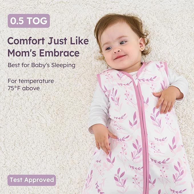 Baby Sleep Sack 6-12 Months 3 Pack 100% Cotton Lightweight 0.5 TOG Wearable Blanket Baby Sleep Bag with 2-Way Zipper for Newborn Infant Purple Leaf