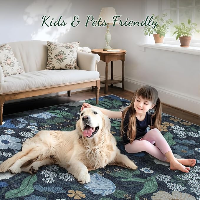 Area Rug Living Room Rugs: 5x7 Washable Rug Vintage Floral Soft Boho Non Slip Carpet Indoor Floor Non Shedding Low Pile Thin Carpets for Bedroom Dining Room Farmhouse Nursery Home Office Blue