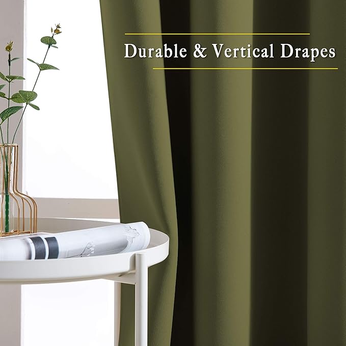 NICETOWN Room Darkening Curtains for Living Room - Easy Care Solid Thermal Insulated Grommet Room Darkening Curtains/Drapes for Bedroom (2 Panels, 66 by 90, Olive)