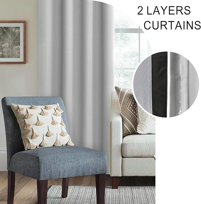 XWZO 100% Blackout Curtains 63 Inches Long with Tiebacks- Rod Pocket Heat and Full Light Blocking, Thermal Insulated Window Panels for Bedroom/Nursery, Light Grey, W60 x L63, Set of 2 Draperies