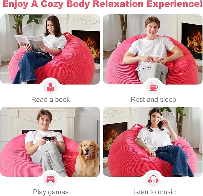 Homguava 3.5FT Bean Bag Chair: Teardrop Bean Bags with Memory Foam Filled, Compact Beanbag Chairs Soft Sofa with Corduroy Cover (Pink)