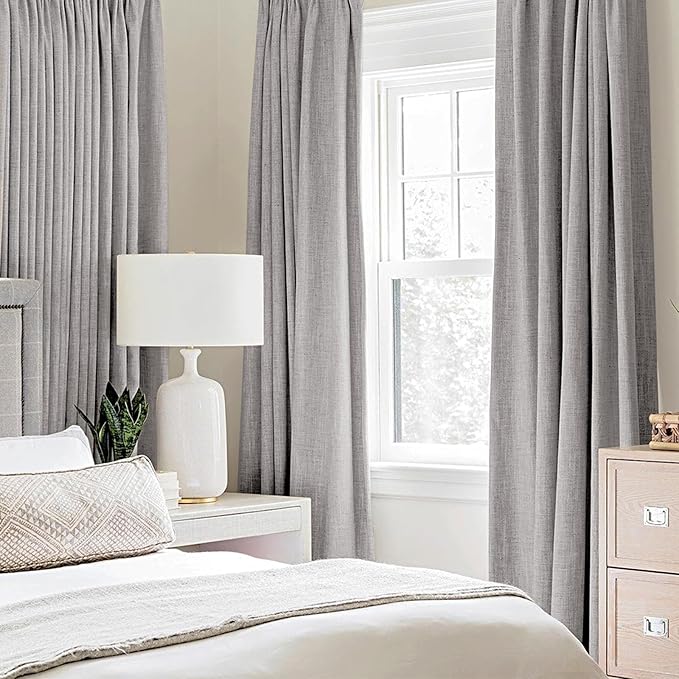 MIULEE Linen Texture Curtains for Bedroom Solid 100% Blackout Thermal Insulated Greyish White Curtains Grommet Room Darkening Drapes for Living Room Nursery 52x54 Inch (2 Panels)
