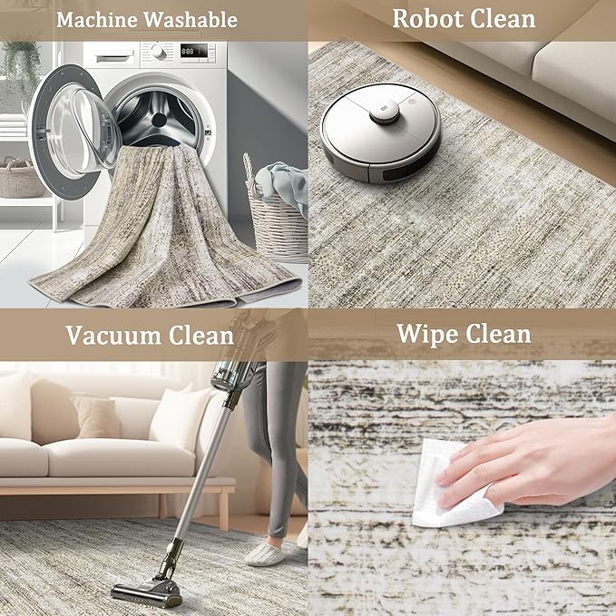 8x10 Area Rug Living Room Rugs - Washable Rug Large Modern Abstract Soft Thin Carpets Indoor Floor No Slip Vintage Carpet for Bedroom Under Dining Table Nursery Home Office Decor Nature