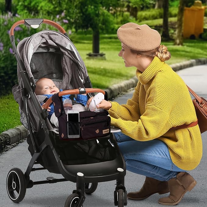 Universal Stroller Organizer with Cup Holders, Detachable Wristlet | Fits All Strollers | Stroller Diaper Bag Organizer with Phone Pocket, Insulated Bottle Holder & Storage Compartments