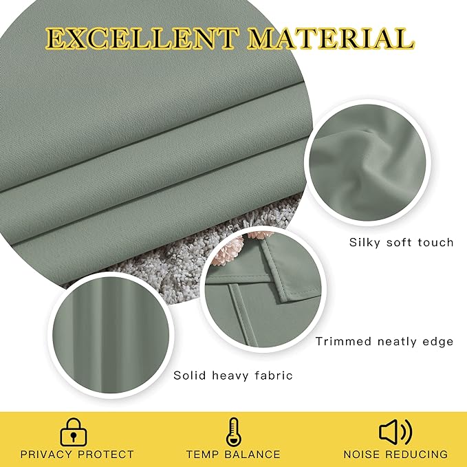 NICETOWN Short Blackout Sage Green Curtains & Drapes for Bedroom - Energy Saving Thermal Insulated Solid Grommet Room Darkening Small Window Treatments for Kitchen/Cafe (2 Panels, W37 x L48)
