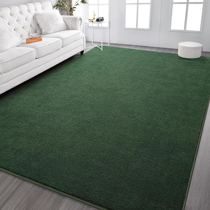 Kimicole 7x10 Washable Area Rugs for Living Room Bedroom, Large Low Pile Ulta-Thin Solid Color Rug, Non-Slip Soft Fluffy Carpet for Nursery Kids Room Dorm Room Home Decor (Dark Green)