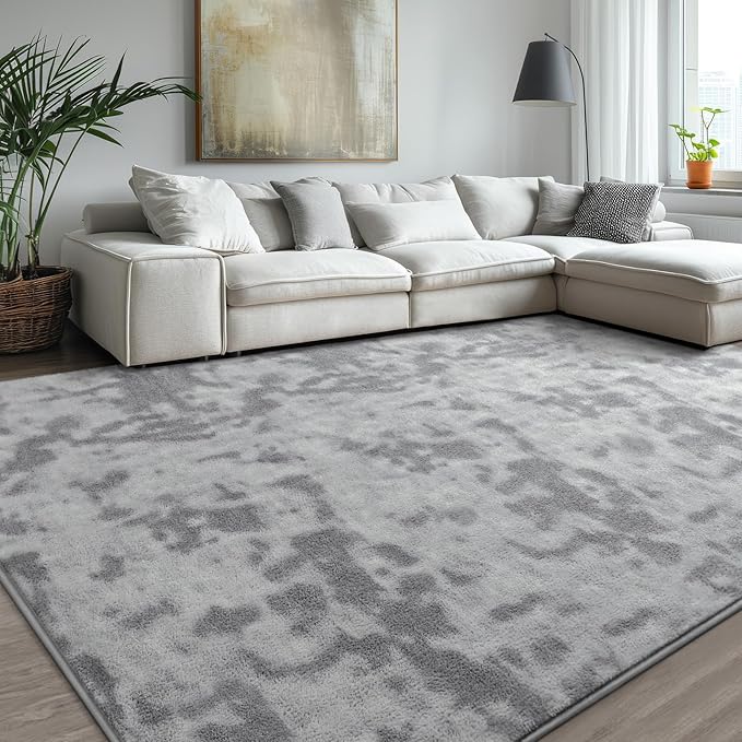 Kimicole 6x9 Washable Area Rugs for Living Room Bedroom, Large Low Pile Ulta-Thin Solid Color Rug, Non-Slip Soft Fluffy Carpet for Nursery Kids Room Dorm Room Home Decor (Light Grey)